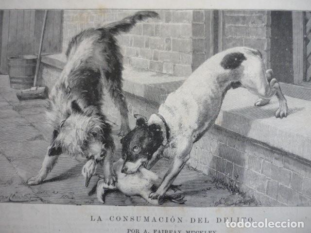Art: CONSUMACION DEL DELITO PERROS CAZANDO GRABADO XILOGRAFICO XILOGRAFIA 1895