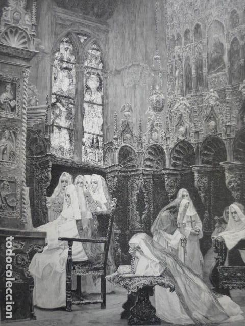 Arte: MAITINES MONJAS REZANDO GRABADO XILOGRAFICO XILOGRAFIA 1895