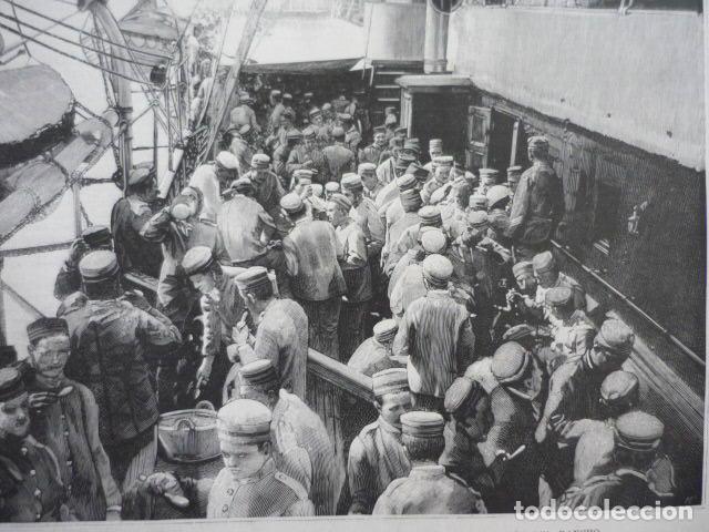 Art: LA VIDA A BORDO TRANSPORTE TROPAS A CUBA GRABADO XILOGRAFICO XILOGRAFIA 1895