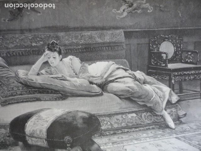 Art: LECTURA INTERMITENTE DAMA RECOSTADA GRABADO XILOGRAFICO XILOGRAFIA 1895