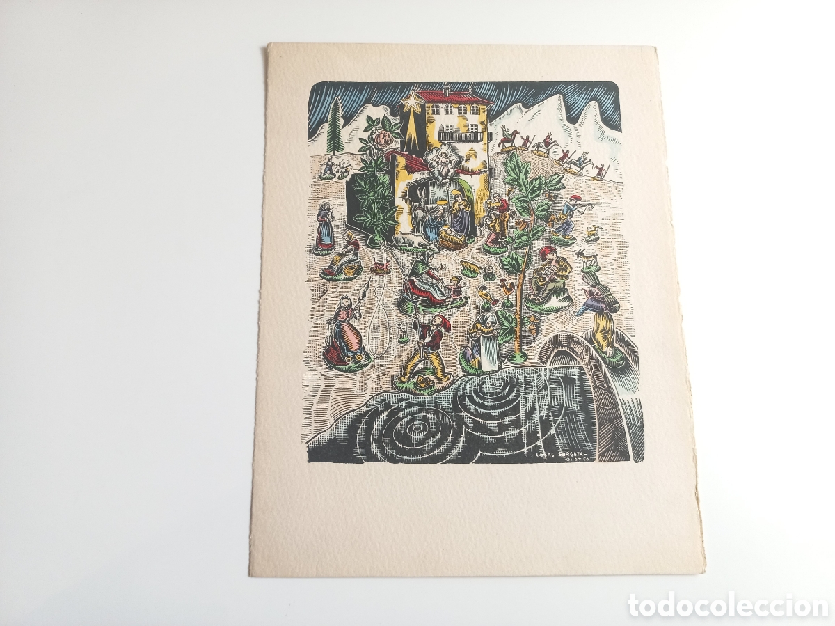 Arte: Xilografia iluminada a mano Navide&ntilde;a Firma Casas Sargatal 1950.