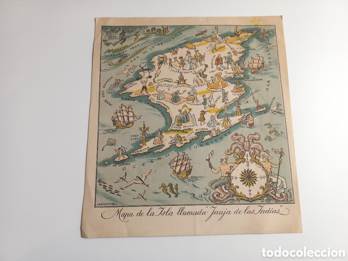 Arte: Xilografia Mapa de la Isla llamada Jauja de las Indias. Iluminada a mano.