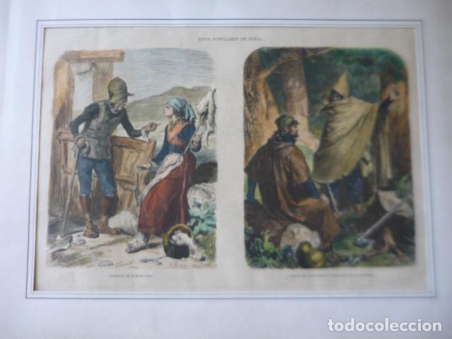 Arte: SORIA TIPOS POPULARES POR VALERIANO D. BECQUER XILOGRAFIA ILUMINADA HACIA 1870 28 X 40 CM