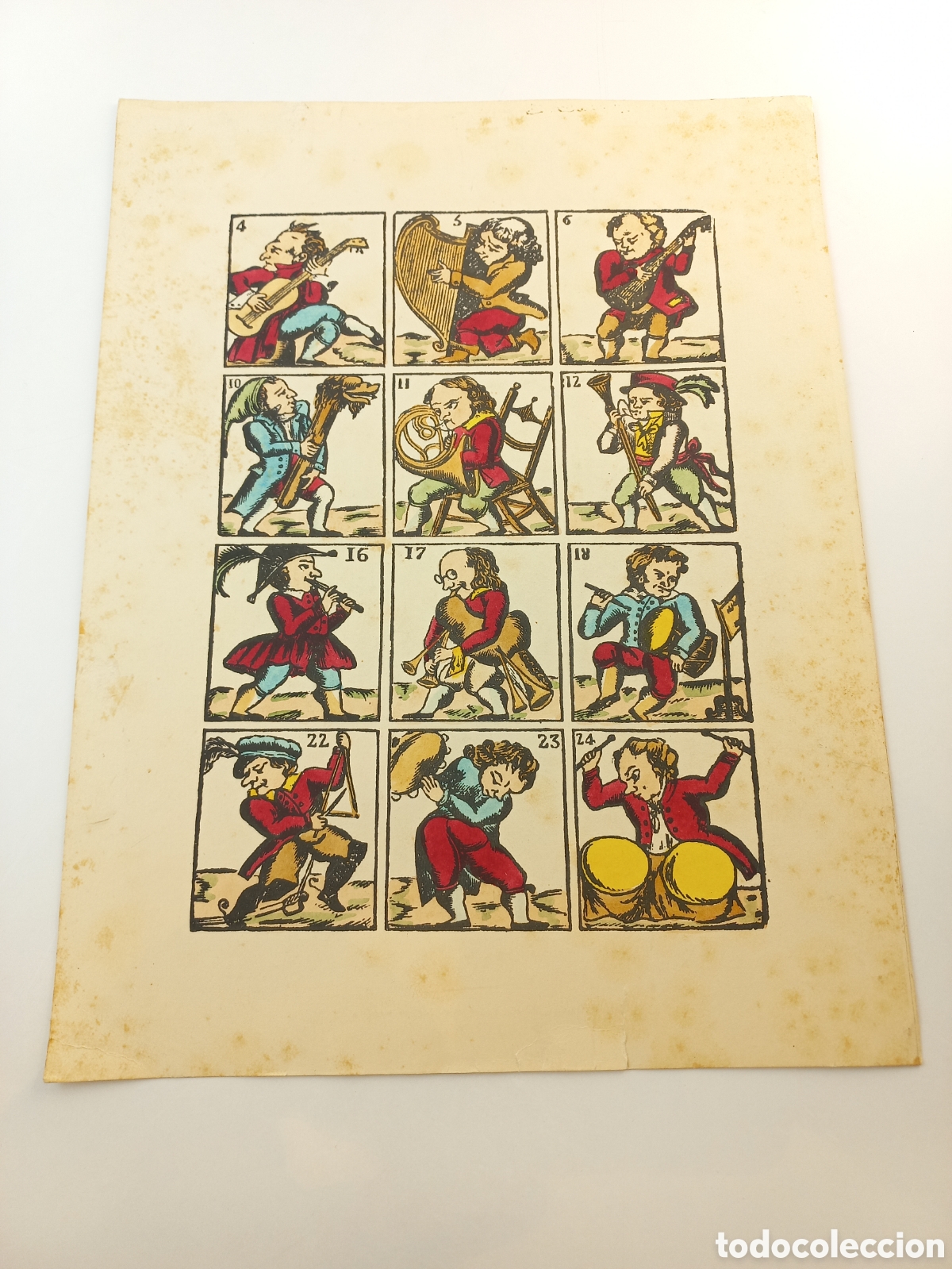 Arte: Juego de los m&uacute;sicos. Xilografias Gr&aacute;ficas El Tinell. Iluminado a mano.