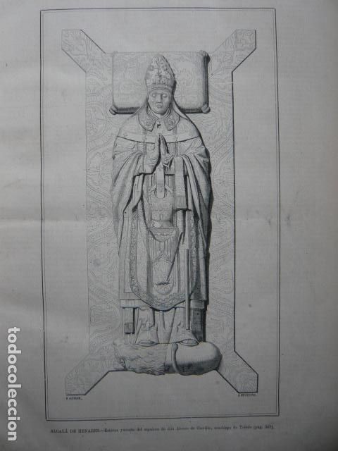 Arte: ALCALA DE HENARES ESTATUA DE ALONSO DE CARRILLO GRABADO XILOGRAFICO XILOGRAFIA 1872