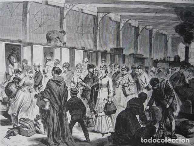 Arte: MADRID SALIDA TREN RECREO A LISBOA GRABADO XILOGRAFICO XILOGRAFIA 1872