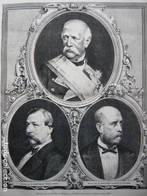 Arte: MINISTROS ESPA&Ntilde;OLES DE GUERRA HACIENDA Y ULTRAMAR GRABADO XILOGRAFICO XILOGRAFIA 1872