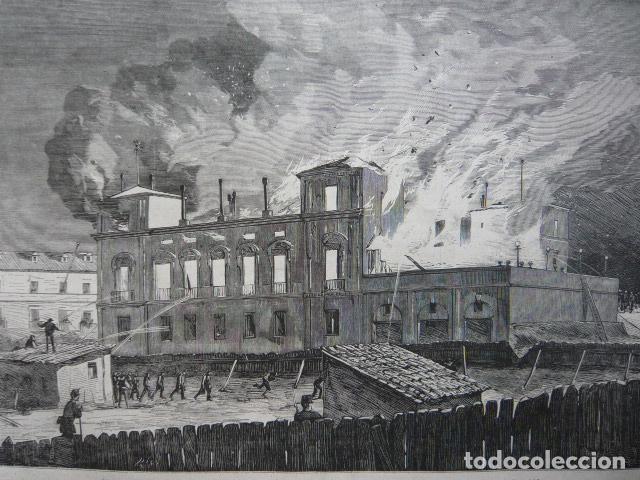 Art: MADRID INCENDIO PALACIO MARQUES VIUDA DE VILLASECA GRABADO XILOGRAFICO XILOGRAFIA 1872