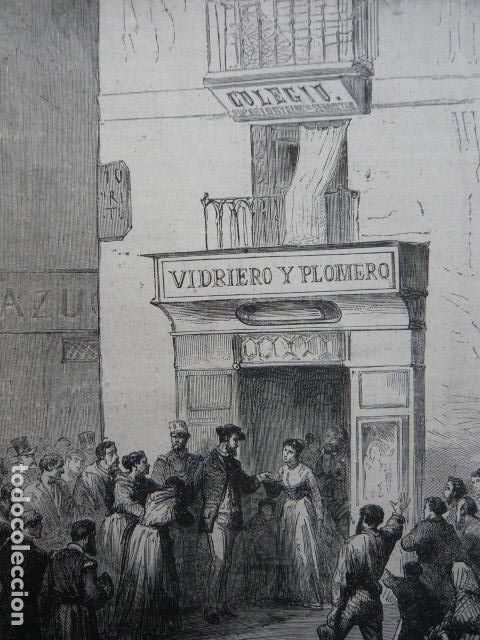 Arte: MADRID ENTREGA BALA POR VIDRIERO AL REY DE ESPA&Ntilde;A GRABADO XILOGRAFICO XILOGRAFIA 1872