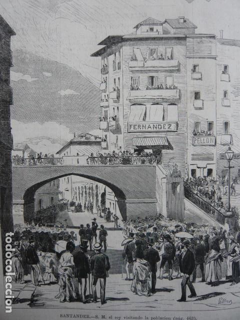 Arte: SANTANDER VISITA DEL REY GRABADO XILOGRAFICO XILOGRAFIA 1872