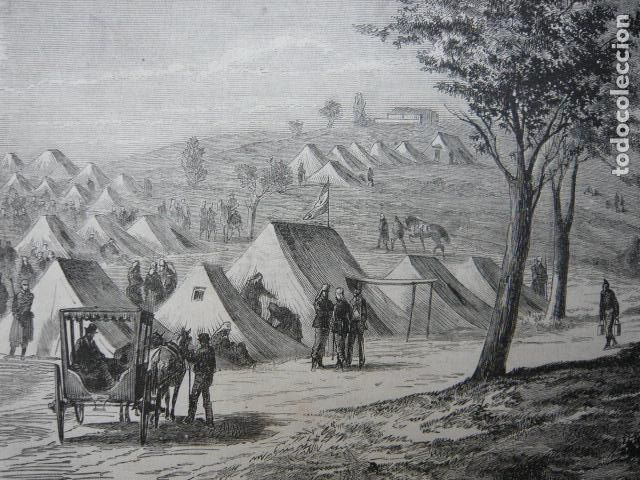 Arte: SANTANDER CAMPAMENTO CERCA SARDINERO VISITA REAL GRABADO XILOGRAFICO XILOGRAFIA 1872