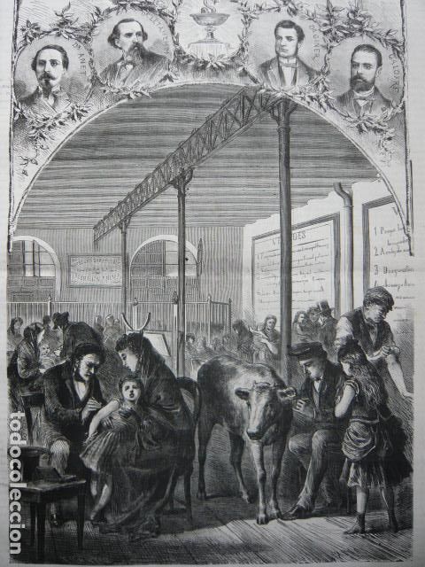 Arte: VACUNACION ANIMAL DIRECTA POR LA SOCIEDAD BARCELONESA GRABADO XILOGRAFICO XILOGRAFIA 1872
