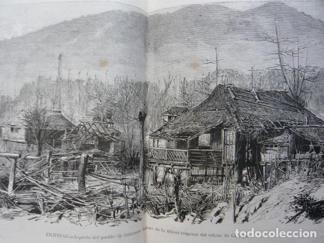 Arte: FILIPINAS CATARMAN TRAS ERUPCION VOLCANICA GRABADO XILOGRAFICO XILOGRAFIA 1872