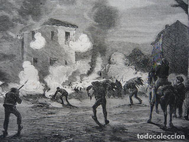 Arte: SALAS DE LOS INFANTES BURGOS INCENDIO CUARTEL CARLISTA CARLISMO GRABADO XILOGRAFICO XILOGRAFIA 1872