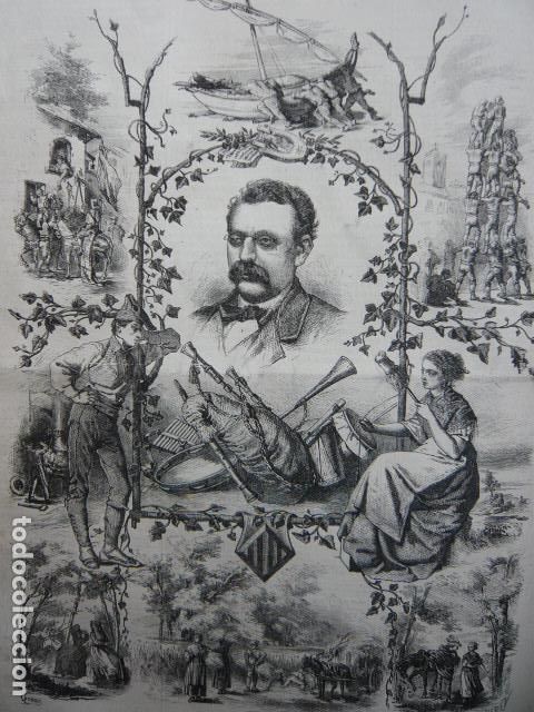Arte: BARCELONA FIESTAS ALEGORIA COROS ANSELMO CLAVE GRABADO XILOGRAFICO XILOGRAFIA 1872