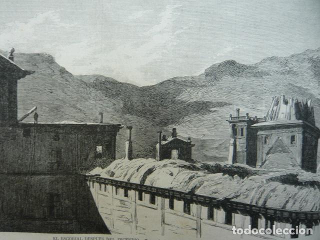 Arte: EL ESCORIAL MONASTERIO DESPUES DEL INCENDIO GRABADO XILOGRAFICO XILOGRAFIA 1872