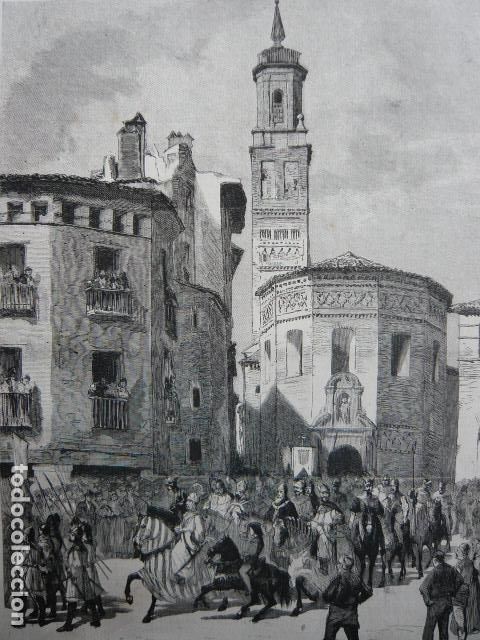 Arte: ZARAGOZA LAS FIESTAS DEL PILAR CABALGATA HIST&Oacute;RICA GRABADO XILOGRAFICO XILOGRAFIA 1872