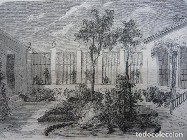 Arte: LEGANES MADRID MANICOMIO DE SANTA ISABEL PATIO PENSIONISTAS GRABADO XILOGRAFICO XILOGRAFIA 1872