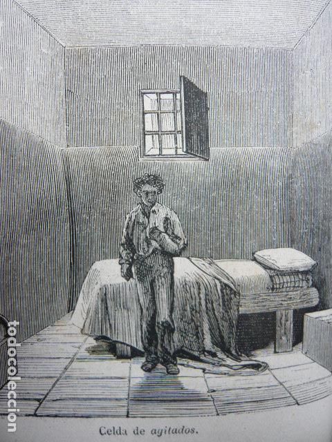 Arte: LEGANES MADRID MANICOMIO DE SANTA ISABEL CELDA DE AGITADOS GRABADO XILOGRAFICO XILOGRAFIA 1872