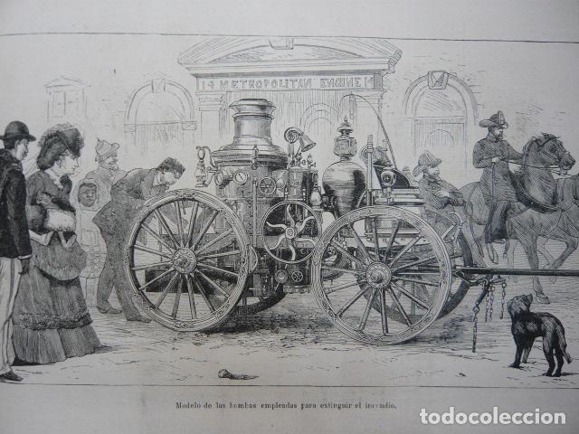 Art: MODELO BOMBA DE AGUA EXTINGUIR INCENDIOS GRABADO XILOGRAFICO XILOGRAFIA 1872