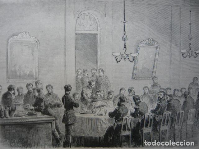 Arte: MADRID CUARTEL DE SANTA BARBARA BANQUETE EN SU HONOR GRABADO XILOGRAFICO XILOGRAFIA 1872
