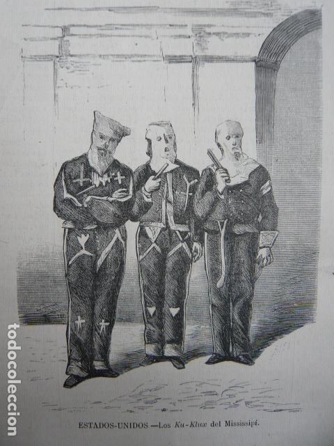 Arte: MISSISSIPPI USA MIEMBROS DEL KU KUX KLAN GRABADO XILOGRAFICO XILOGRAFIA 1872