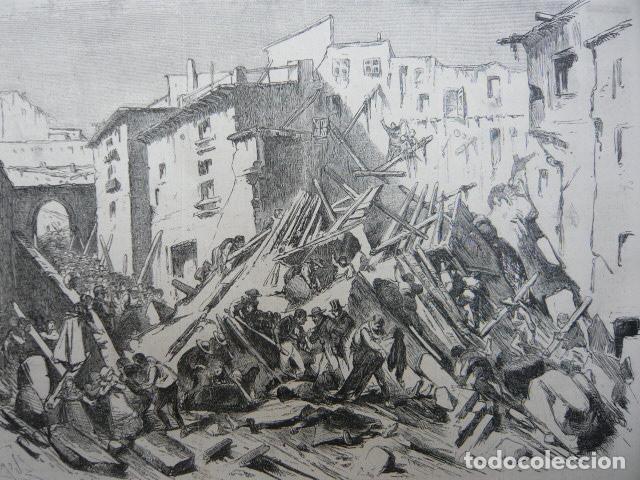 Arte: ALCOY ALICANTE HUNDIMIENTO EN CALLE SAN ROQUE GRABADO XILOGRAFICO XILOGRAFIA 1872