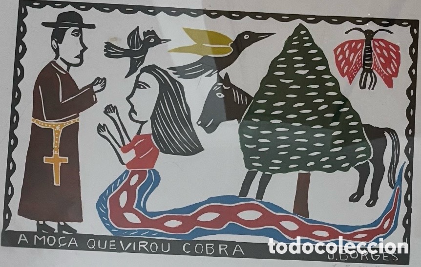 Arte: J. Borges (Brasil) &ndash; Xilograf&iacute;a original firmada &ldquo;A Mo&ccedil;a que Virou Cobra&rdquo; &ndash; Gran formato 66 cm
