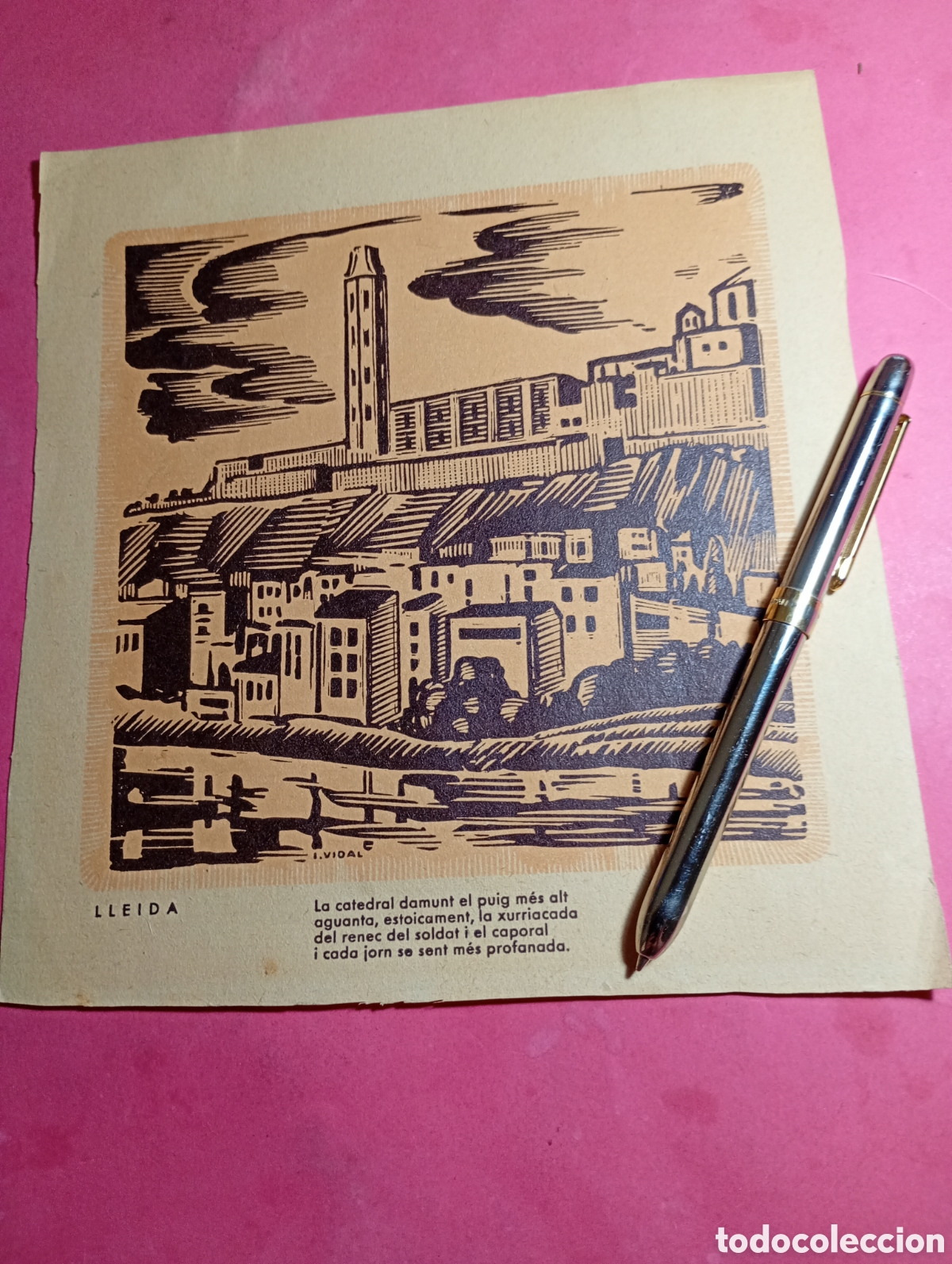 Arte: lleida vintage bonita xilograf&iacute;a de vidal con poema catal&agrave; a pie de imagen destaca la seu vella