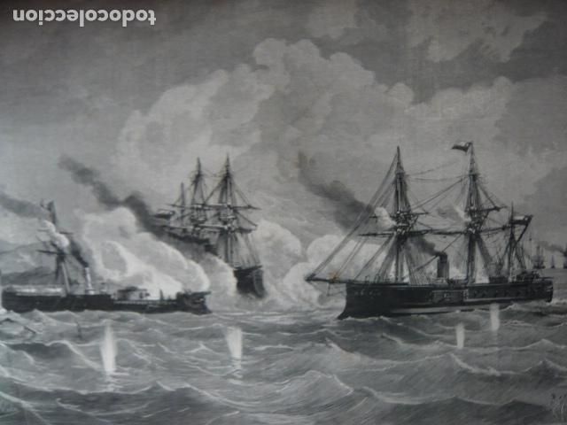 Arte: GUERRA DEL PACIFICO HUASCAR CONTRA BUQUES CHILENOS GRABADO XILOGRAFICO XILOGRAFIA 1879