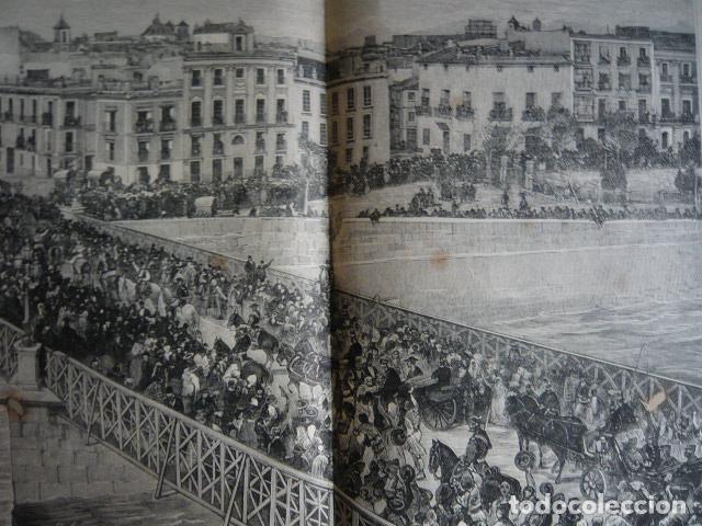 Arte: MURCIA OVACION AL REY VISITA TRAS INUNDACIONES GRABADO XILOGRAFICO XILOGRAFIA 1879