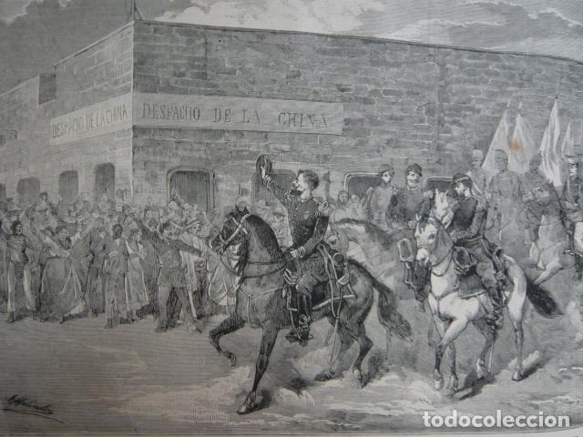 Arte: IQUIQUE PERU ENTRADA DEL GENERAL HILARION DAZA GRABADO XILOGRAFICO XILOGRAFIA 1879
