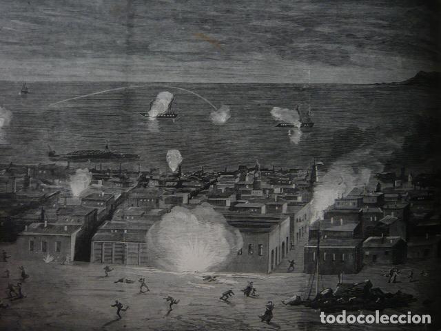 Arte: IQUIQUE PERU BOMBARDEO POR ESCUADRA CHILENA GRABADO XILOGRAFICO XILOGRAFIA 1879