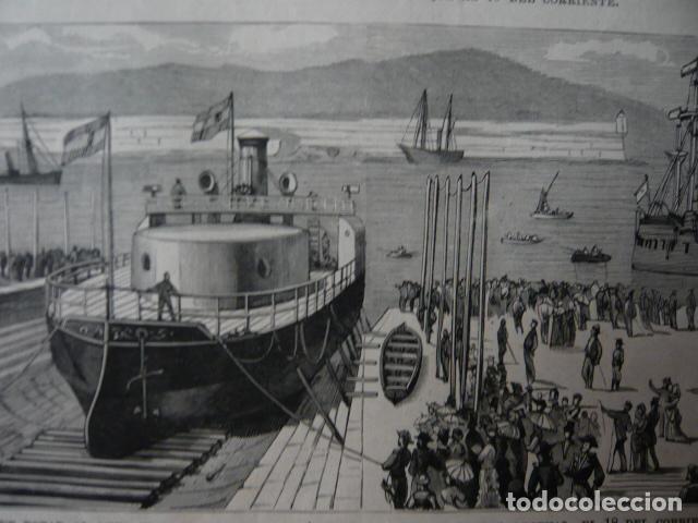 Arte: EL FERROL CORU&Ntilde;A EL DIQUE DE LA CAMPANA INAUGURACION GRABADO XILOGRAFICO XILOGRAFIA 1879