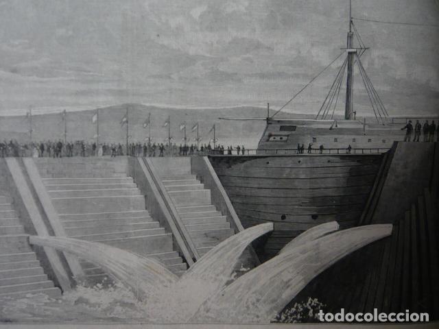 Arte: EL FERROL CORU&Ntilde;A EL DIQUE DE LA CAMPANA INAUGURACION GRABADO XILOGRAFICO XILOGRAFIA 1879