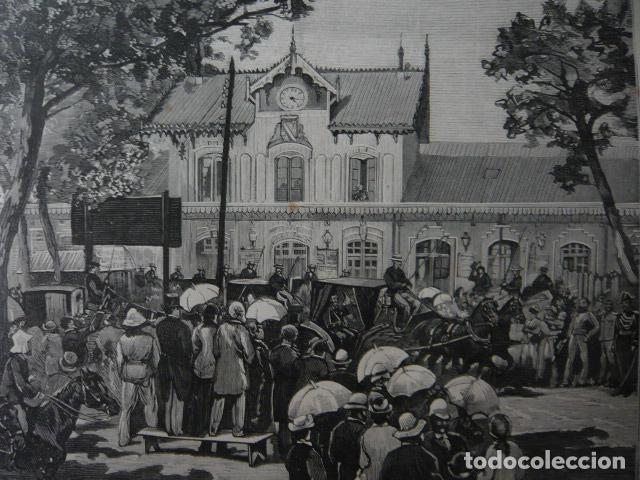 Arte: ARCACHON FRANCIA EXTERIOR ESTACION FERROCARRIL GRABADO XILOGRAFICO XILOGRAFIA 1879
