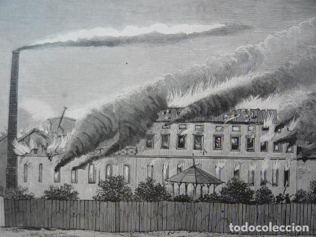 Arte: MADRID INCENDIO FABRICA DE BUJIAS LA IBERIA GRABADO XILOGRAFICO XILOGRAFIA 1879