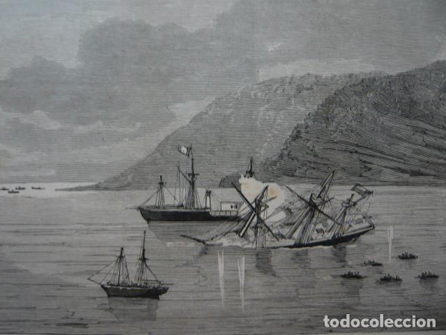 Arte: IQUIQUE PERU LA CORBETA CHILENA ESMERALDA GRABADO XILOGRAFICO XILOGRAFIA 1879