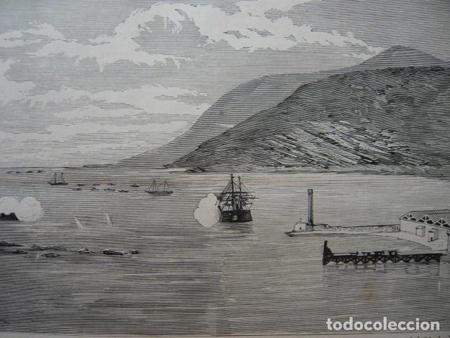 Arte: IQUIQUE PERU COMBATE ENTRE EL HUASCAR Y LA ESMERALDA GRABADO XILOGRAFICO XILOGRAFIA 1879