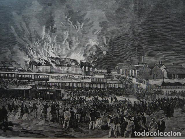 Arte: VALLADOLID INCENDIO TALLER CONSTRUCCION FERROCARRILES GRABADO XILOGRAFICO XILOGRAFIA 1879
