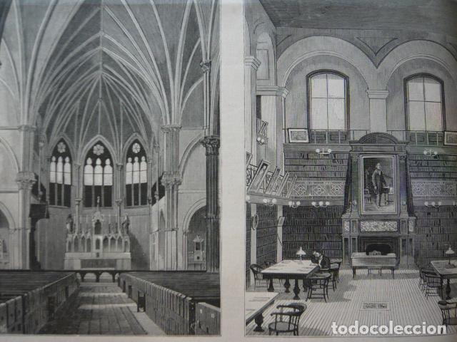 Arte: SAVANNAH USA IGLESIA CATOLICA Y BIBLIOTECA HUDGSON HALL GRABADO XILOGRAFICO XILOGRAFIA 1879