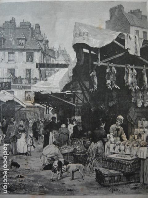 Arte: PARIS UN MERCADO CALLEJERO GRABADO XILOGRAFICO XILOGRAFIA 1879