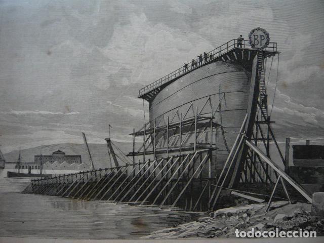 Arte: EL FERROL CORU&Ntilde;A EL BARCO PUERTA DEL DIQUE DE LA CAMPANA GRABADO XILOGRAFICO XILOGRAFIA 1879