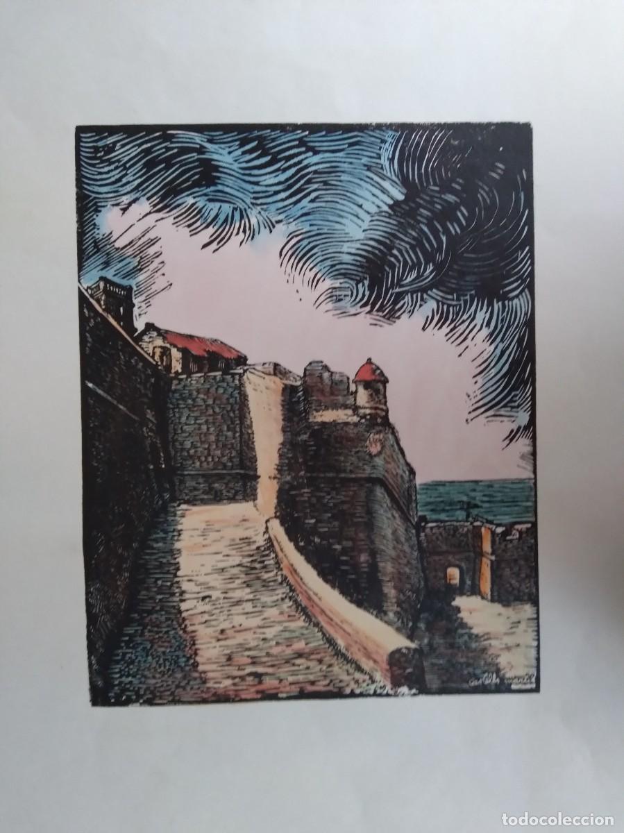 Arte: XILOGRAFIA ORIGINAL COLOREADA A MANO* PE&Ntilde;ISCOLA , SUBIDA AL CASTILLO JOAN CASTELLS*1906*1980