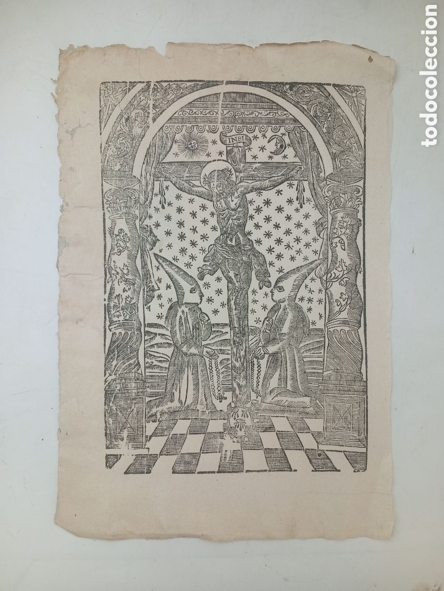 Arte: Antigua xilograf&iacute;a Jesucristo cruz siglo XVIII probablemente impreso Tarragona