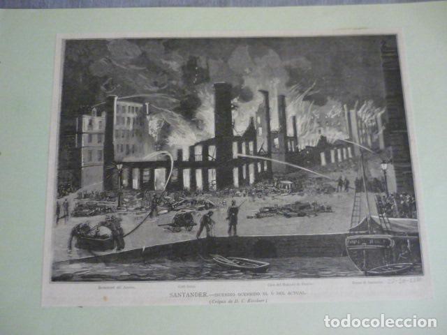 Arte: SANTANDER INCENDIO MUELLES XILOGRAFIA SIGLO XIX SOBRE CARTULINA 18 X 24 CM