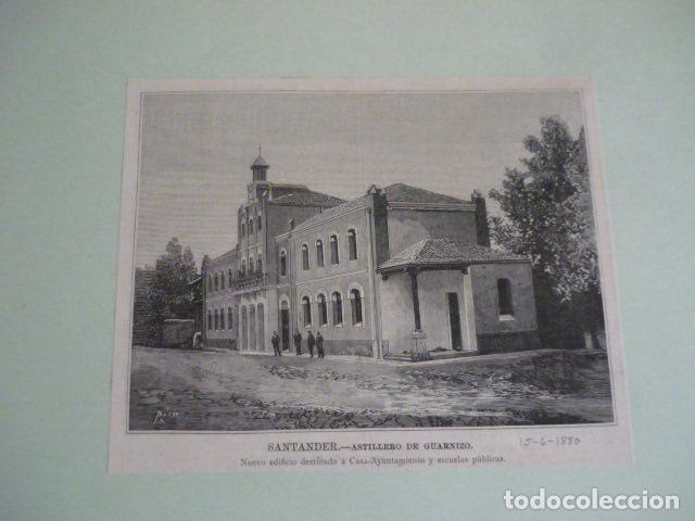 Arte: EL ASTILLERO CANTABRIA AYUNTAMIENTO XILOGRAFIA 1880 SOBRE CARTULINA 13,5 X 16,5 CM