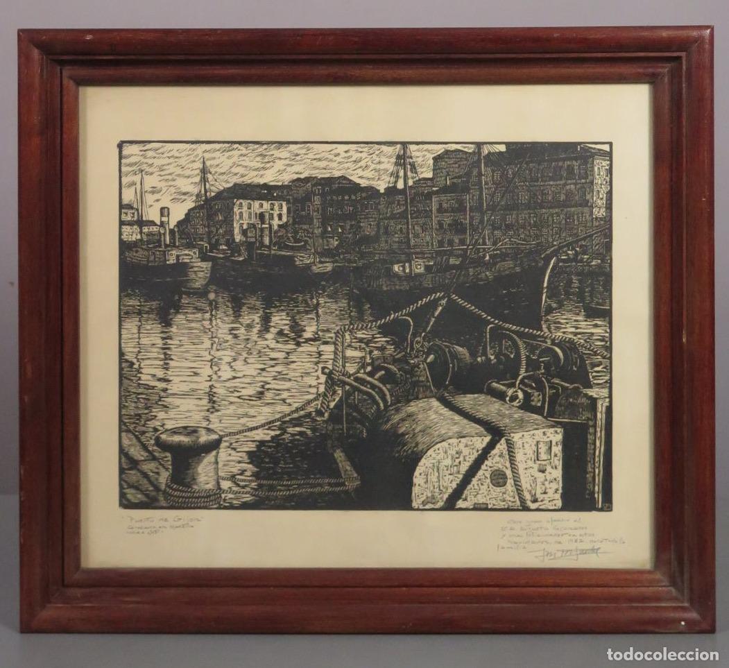 Arte: VISTA DE PUERTO DE GIJON. XILOGRAFIA. 1944. FIRMADO JSE M. PUENTE