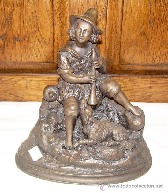 Arte: ANTIGUA FIGURA DE CALAMINA, PASTOR CON  PERRO - Foto 1