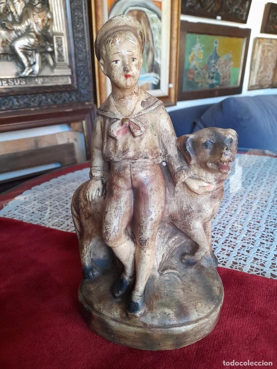 Arte: Ni&ntilde;o con perro de yeso siglo XIX - Foto 1